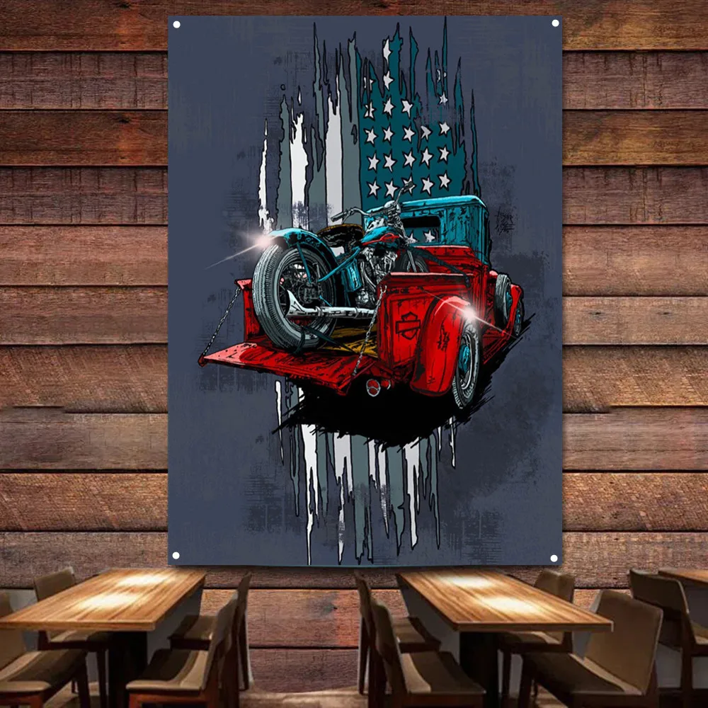 Auto Repair Shop Banners - Motorcycle on Car Art Poster Wall